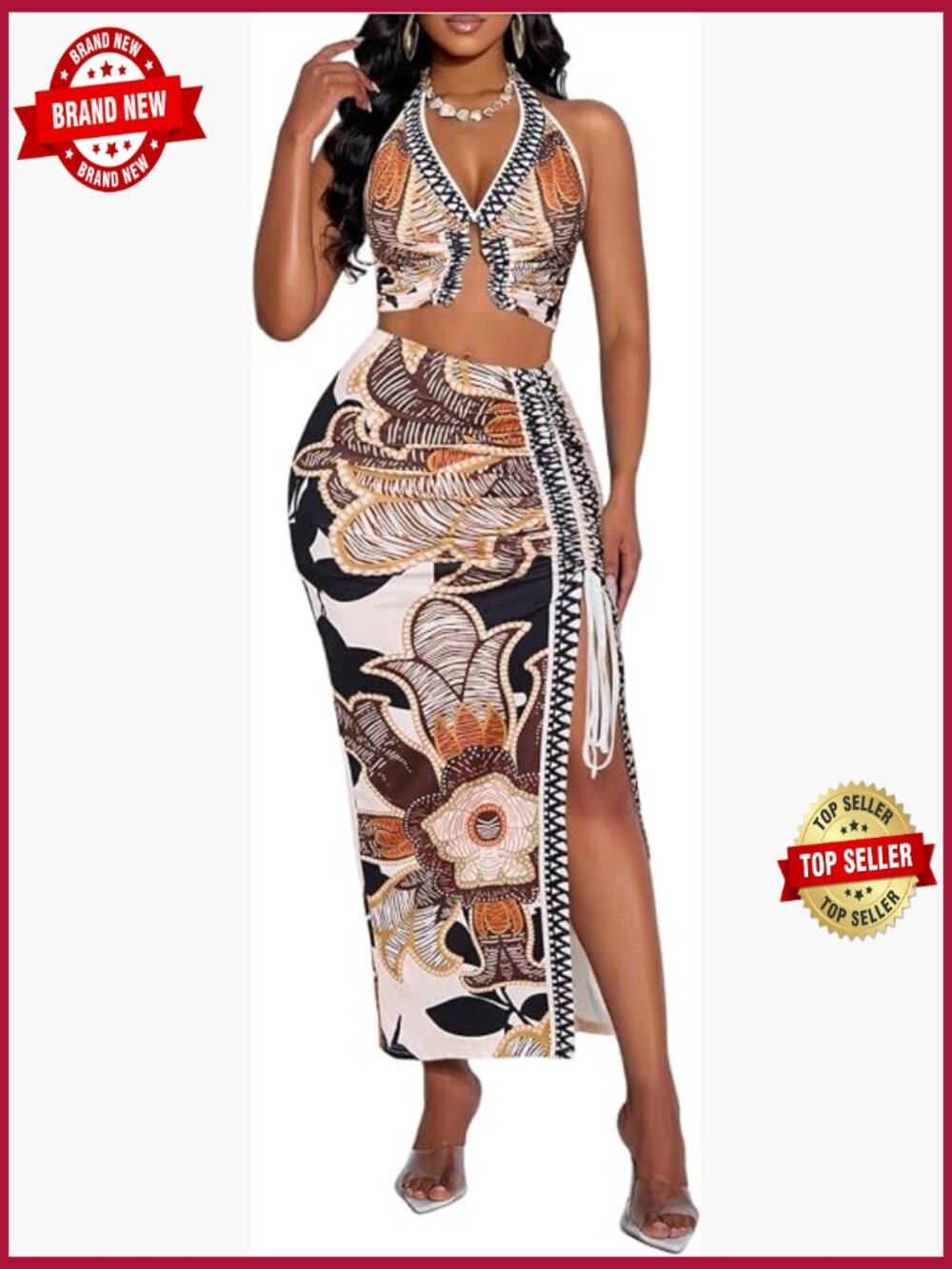 Women's 2 Piece Skirt Set Halter Crop Top Bodycon Split Midi Skirt